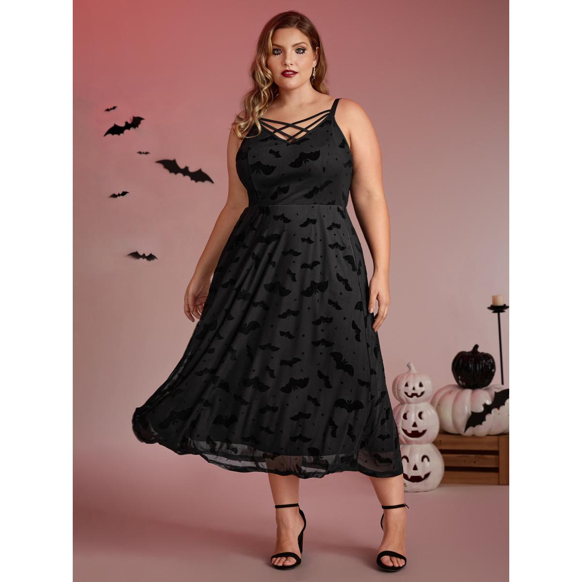 Plus Size Bat Chilling Print Stretchy Waist Midi Dress Black Women Romantic Party Curvy Bloomchic 28/5X Product Image