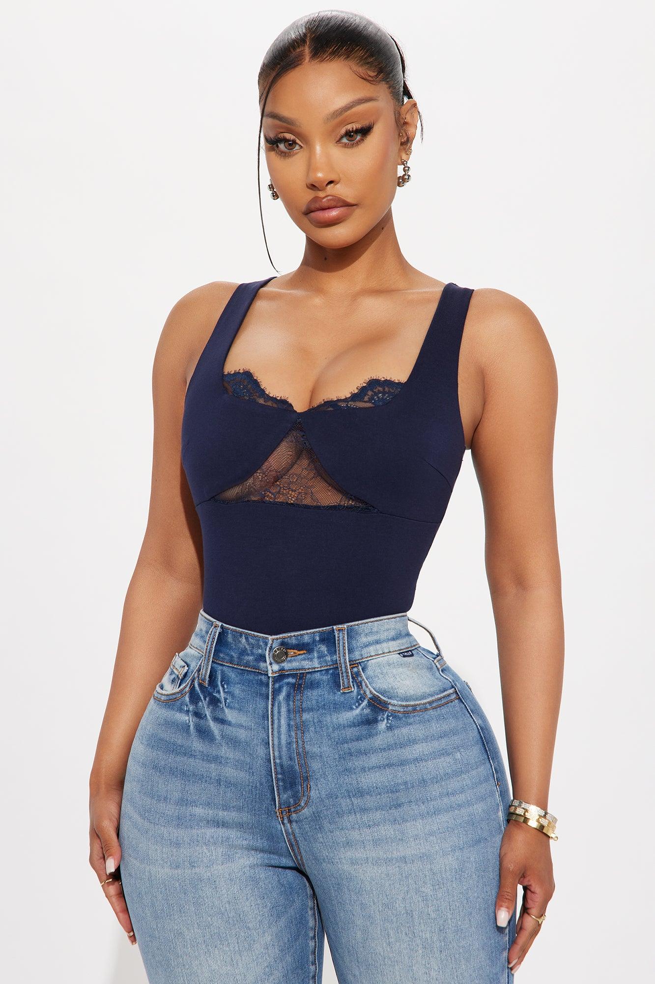 Verity Lace Trim Ponte Bodysuit - Navy Female Product Image