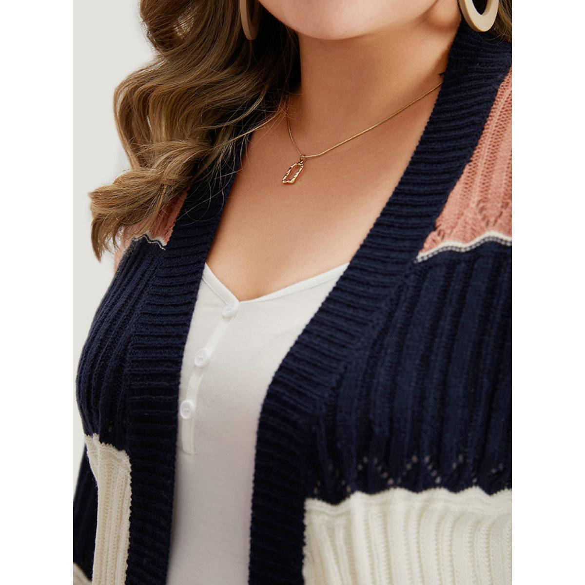 Plus Size Colorblock Contrast Eyelet Open Front Cardigan Multicolor Women Casual Loose Long Sleeve Dailywear Cardigans BloomChic 14-16/1X Product Image