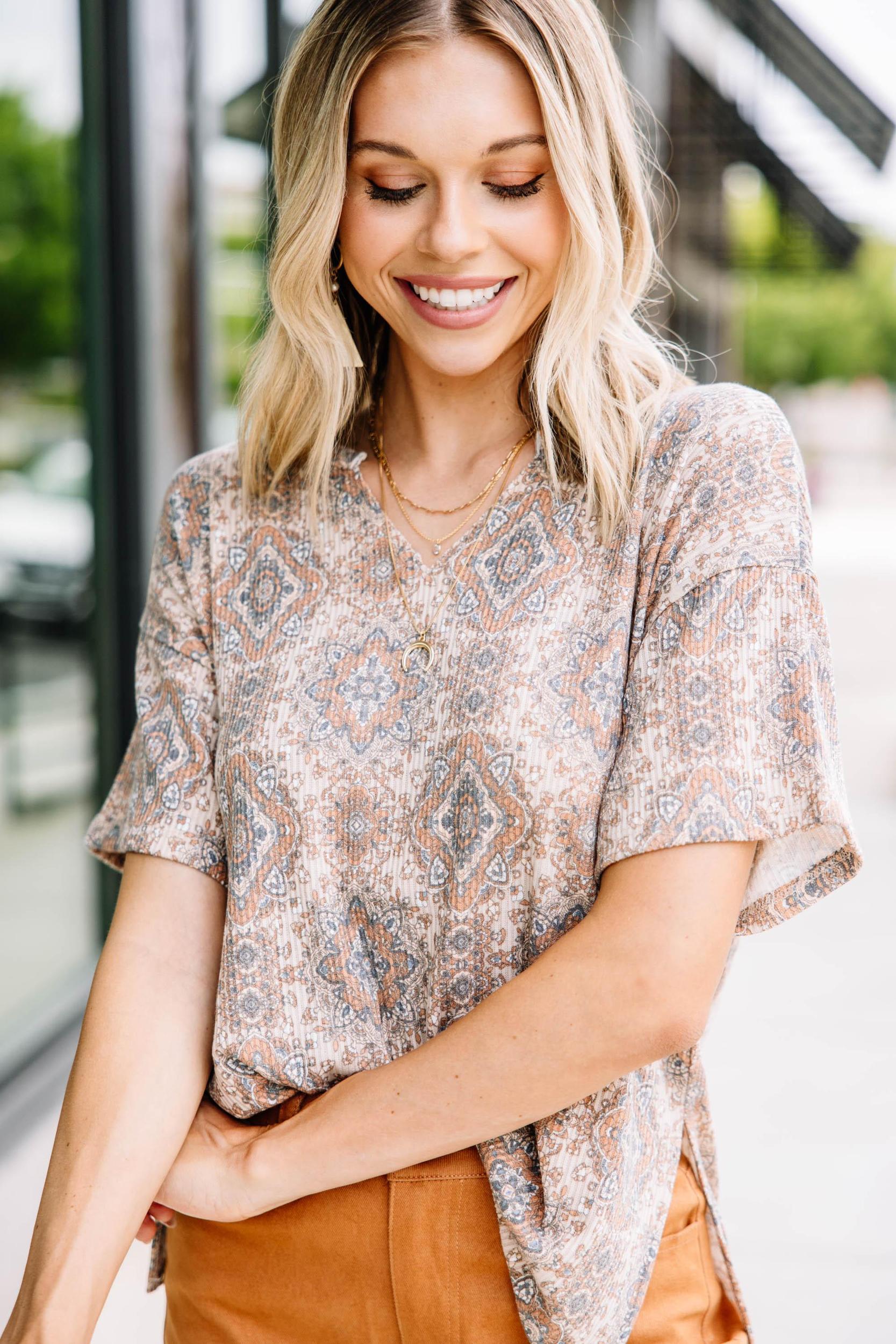 Want It All Taupe Brown Medallion Top Female Product Image