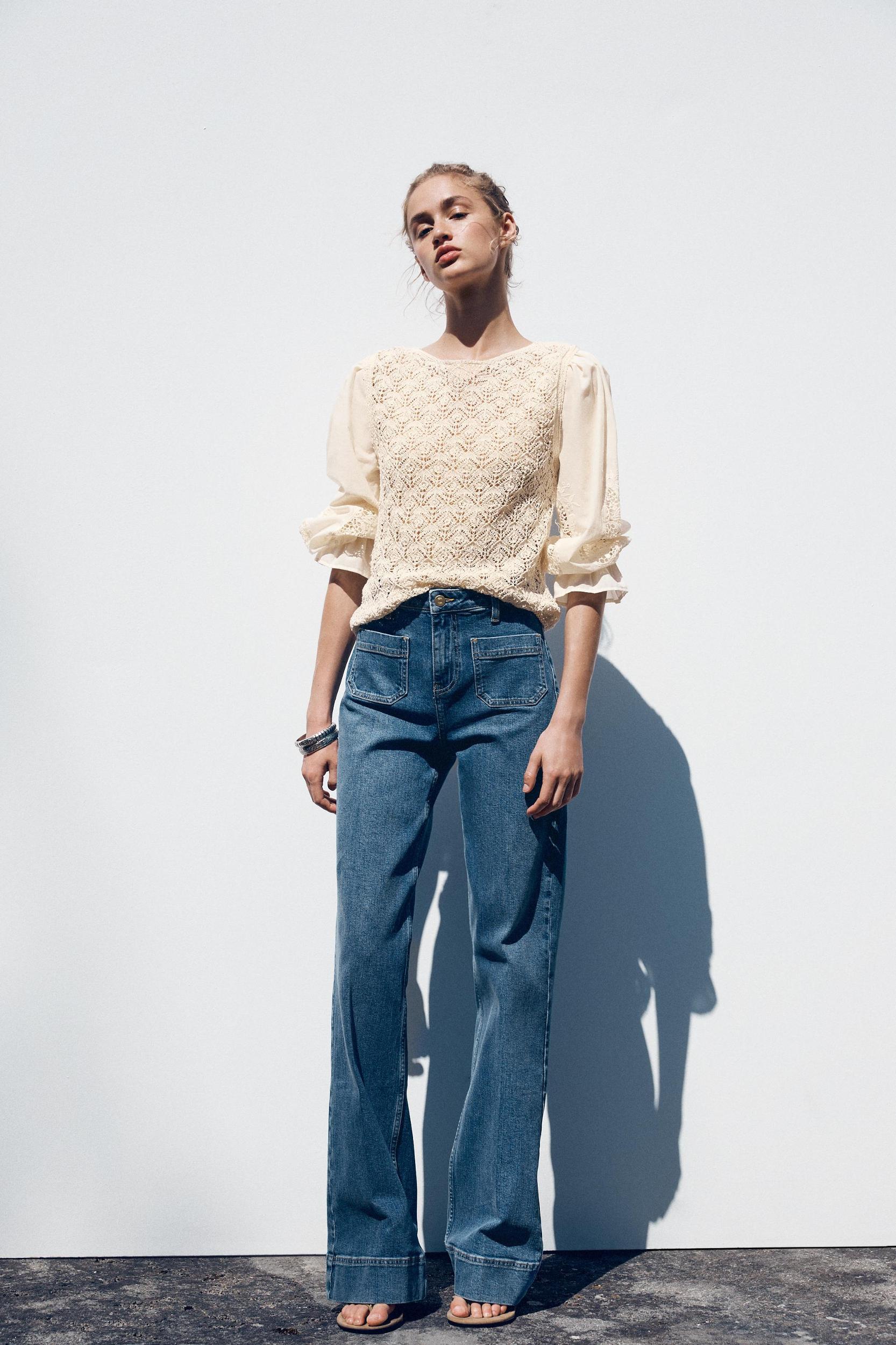 POINTELLE KNIT SWEATER WITH CONTRASTING SLEEVES Product Image