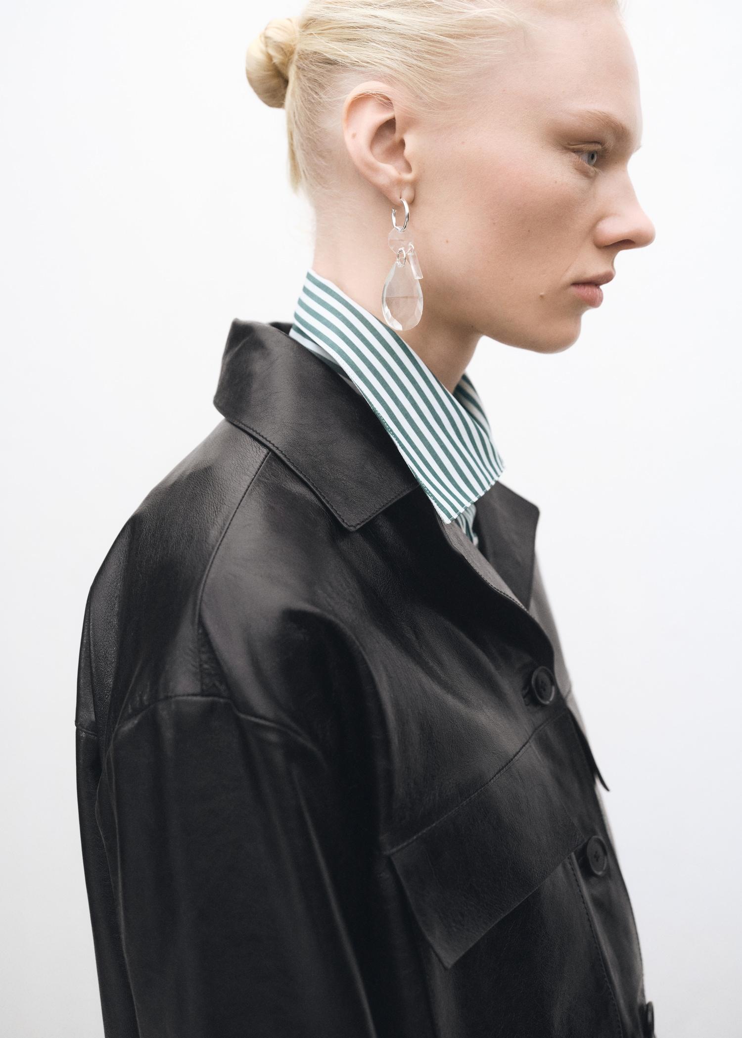 Oversized leather jacket with pockets - Women | MANGO USA Product Image