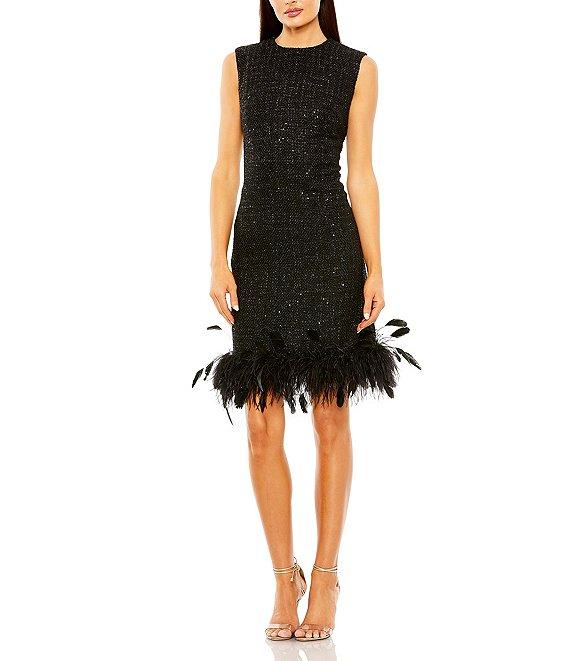 Mac Duggal Crew Neck Shimmer Boucle Feather Hem Sheath Dress Product Image