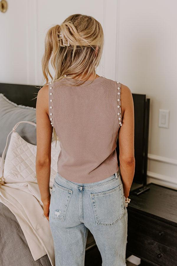 Happy Hour Chic Pearl Embellished Top in Taupe Product Image