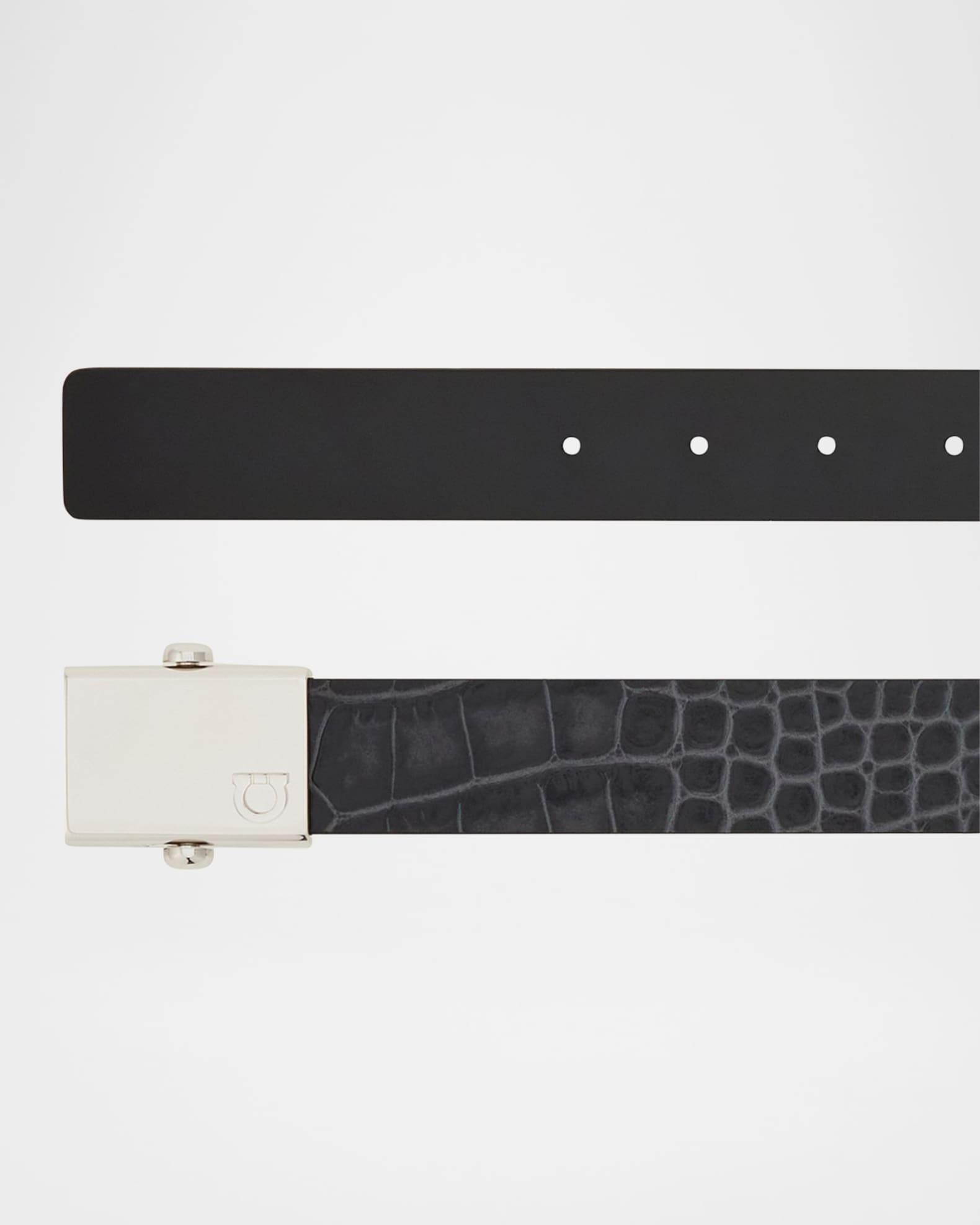 Mens Square-Buckle Reversible Croc-Effect Leather Belt Product Image