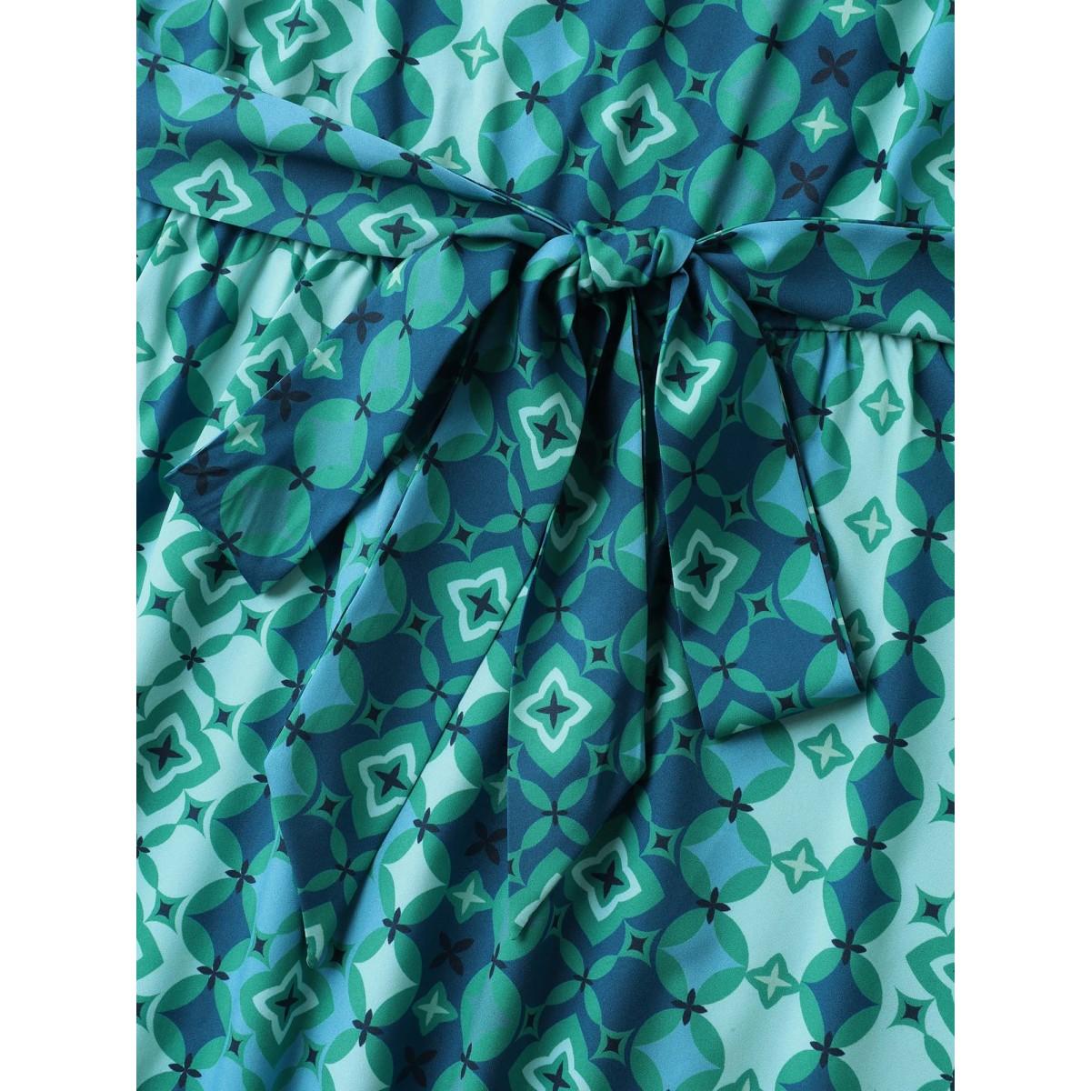 Plus Size Boho Vacation Print Belted Notched Midi Dress Emerald Women Ruffles Notched collar Cap Sleeve Curvy BloomChic 22-24/3X Product Image