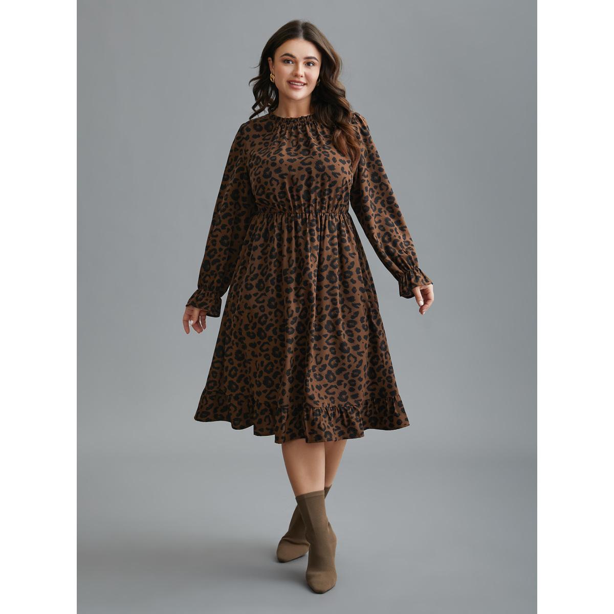 Plus Size Leopard Print Ruffles Mock Neck Elastic Waist Dress Browncoffeecolor Women Elegant Frill Trim Mock Neck Long Sleeve Curvy BloomChic 28/5X Product Image