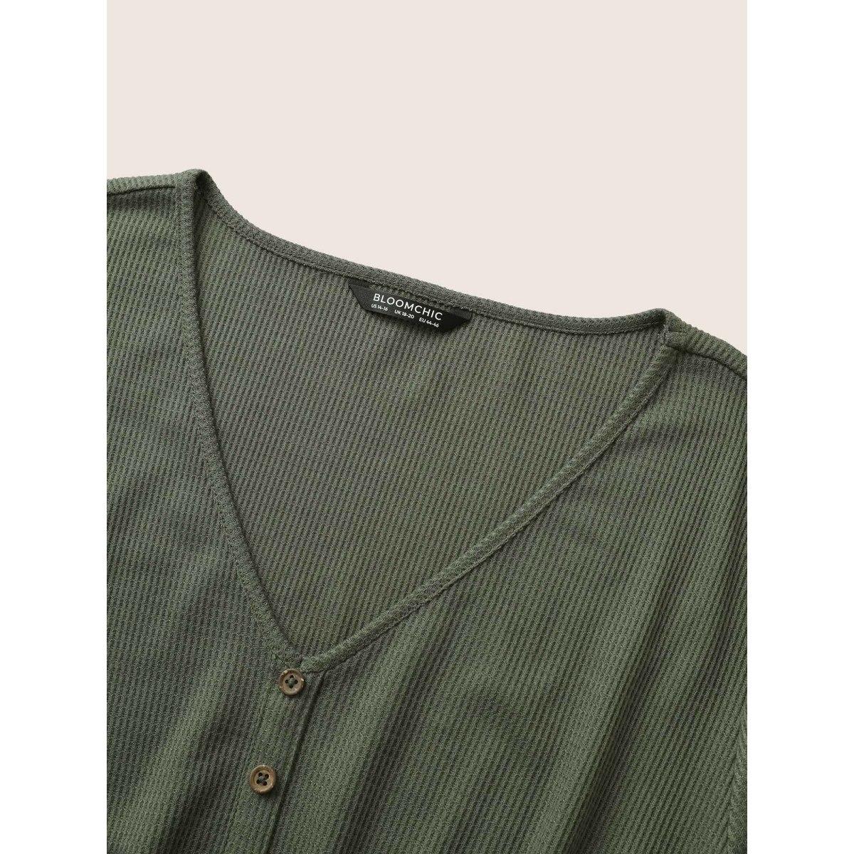 Plus Size Solid Waffle Knit Button Detail Belted Dress Sage Women Casual Belted V-neck Long Sleeve Curvy Midi Dress BloomChic 18-20/2X Product Image