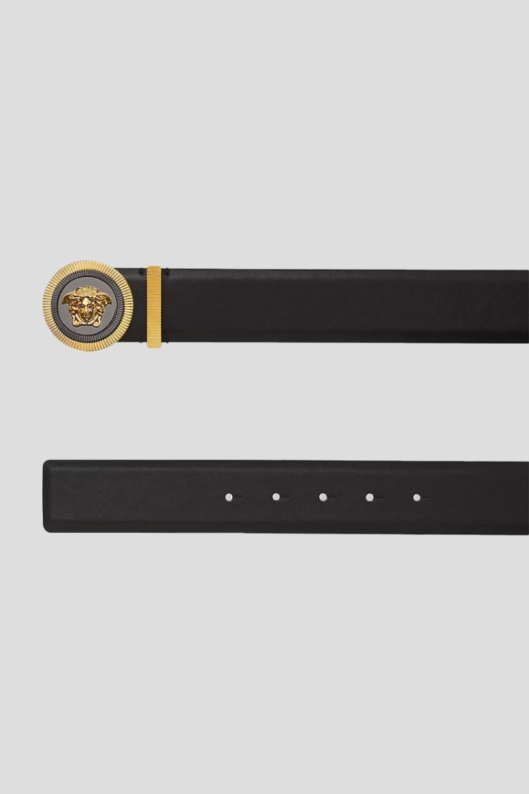 VERSACE Medusa Streamlined Leather Belt With Adjustable Length And Gold-tone Buckle In Black Product Image