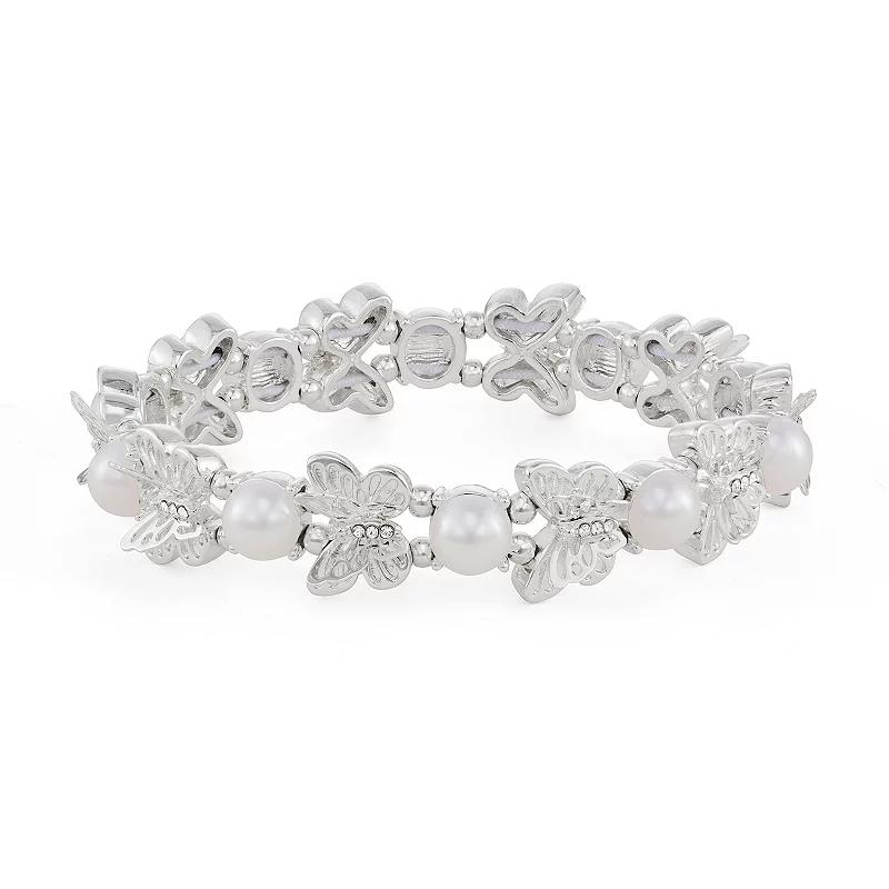 You're Invited Silver Tone Butterfly & Simulated Pearl Stretch Bracelet, Women's, White Product Image