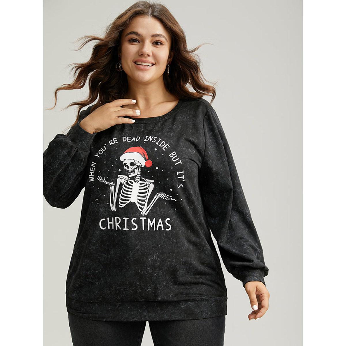 Plus Size Christmas Vintage Skull Print Crew Neck Sweatshirt Women Black Casual Elastic cuffs Festival-Christmas Sweatshirts BloomChic 26/4X Product Image