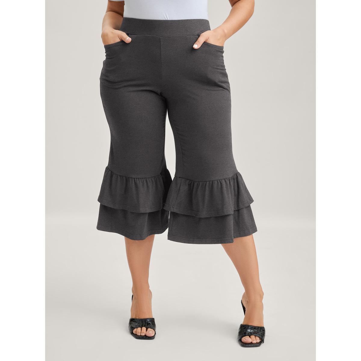 Plus Size Layered Ruffled Flare Hem Pants Women Black Romantic Bodycon Mid Rise Elegant Pants BloomChic 28/5X Product Image