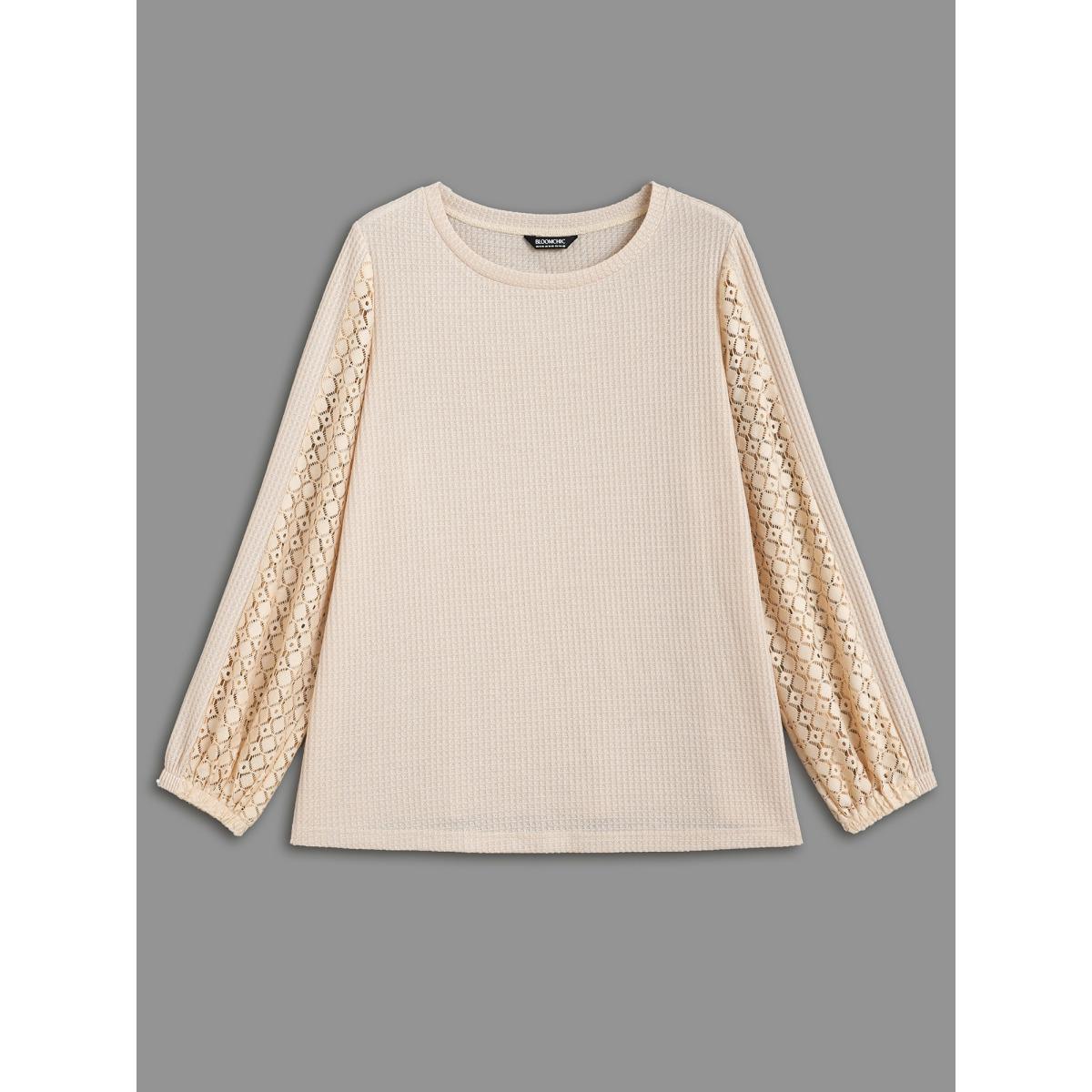 Plus Size Textured Patchwork Lace Panel T-shirt Champagne Women Casual Texture Non Everyday T-shirts BloomChic 10/M Product Image