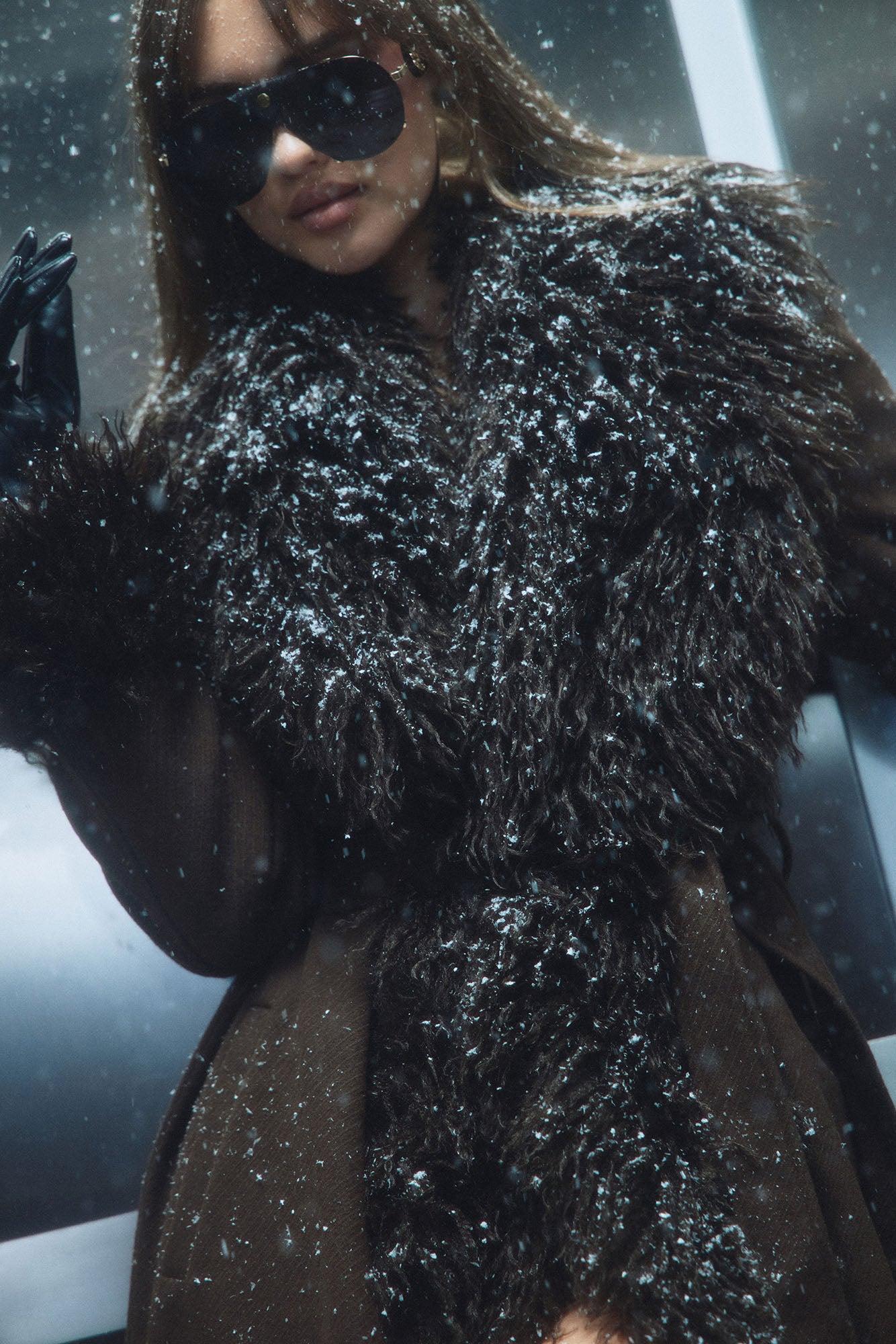 Downtown Manhattan Fur Trim Coat - Dark Brown Female Product Image