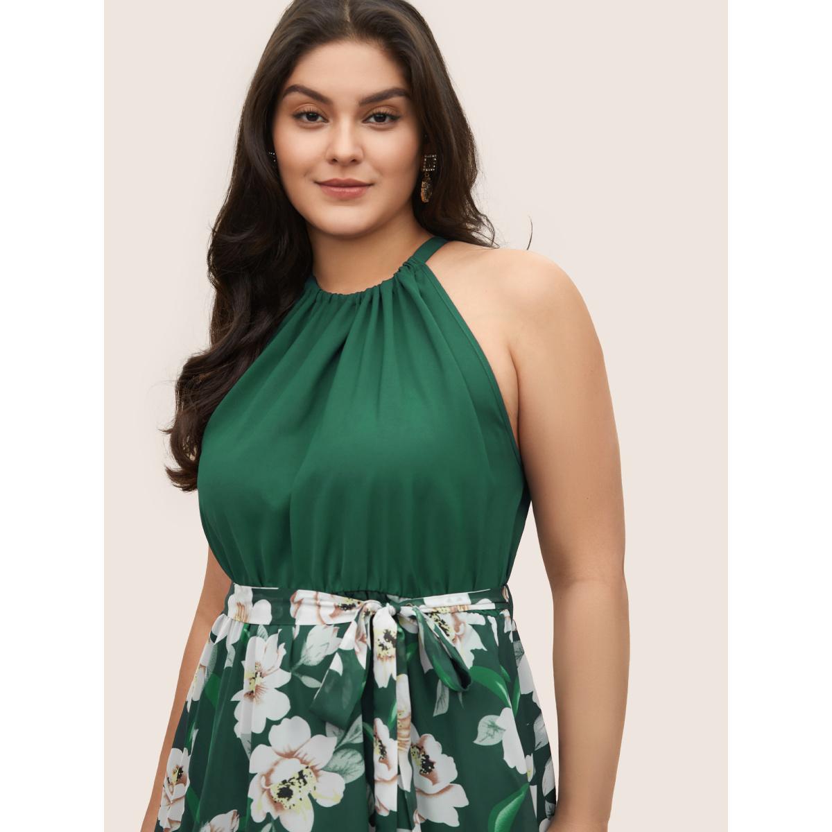 Plus Size Floral Patchwork Halter Ties High Low Hem Dress Indigo Women Elegant Non Halter neck Sleeveless Curvy Midi Dress BloomChic 10/M Product Image