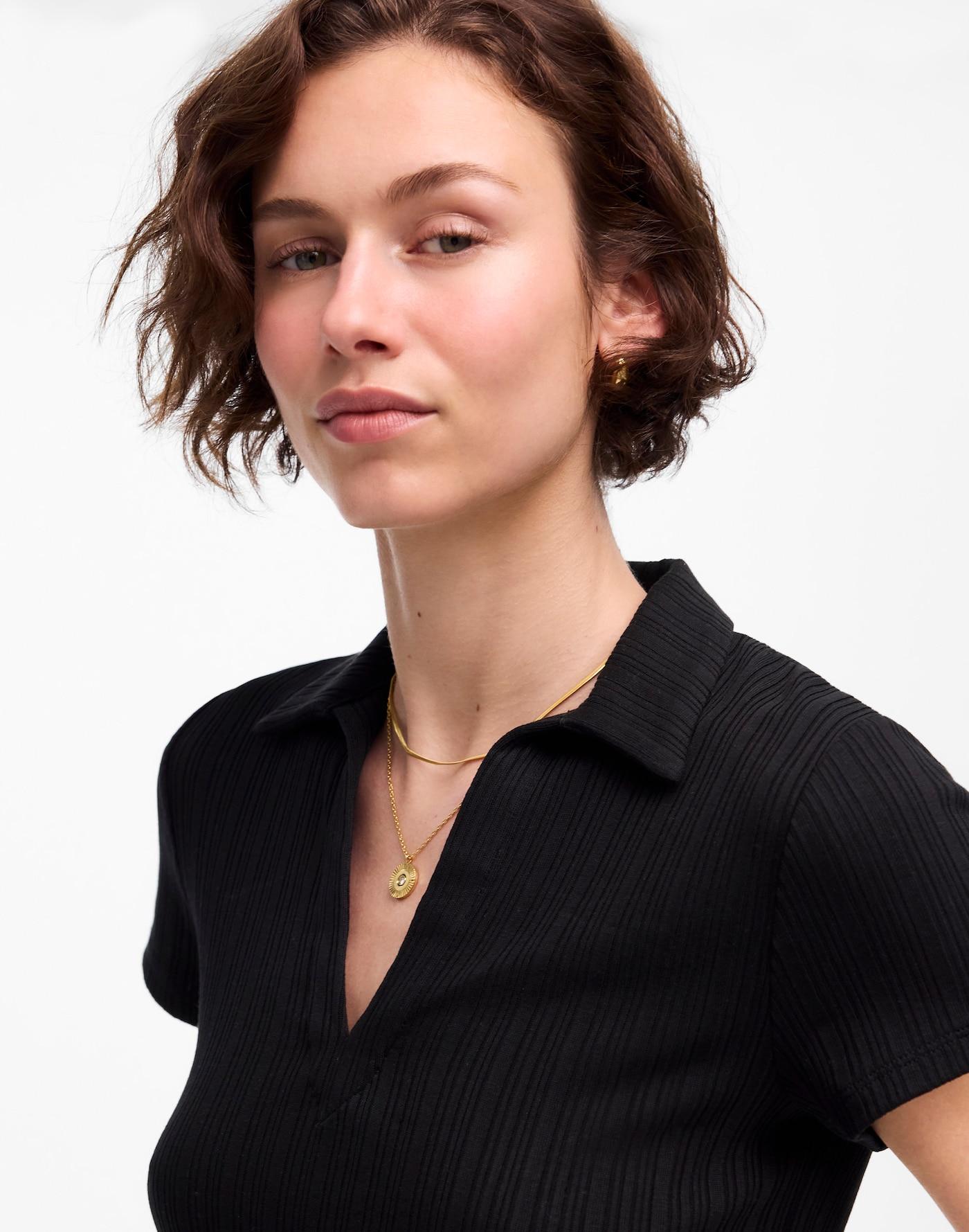 Ribbed V-Neck Polo Tee Product Image