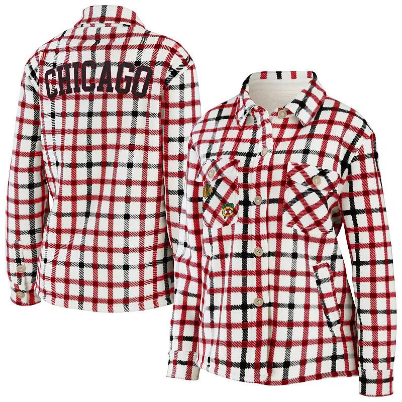 Women's WEAR by Erin Andrews Oatmeal Chicago Blackhawks Plaid Button-Up Shirt Jacket, Size: 2XL, Team Product Image