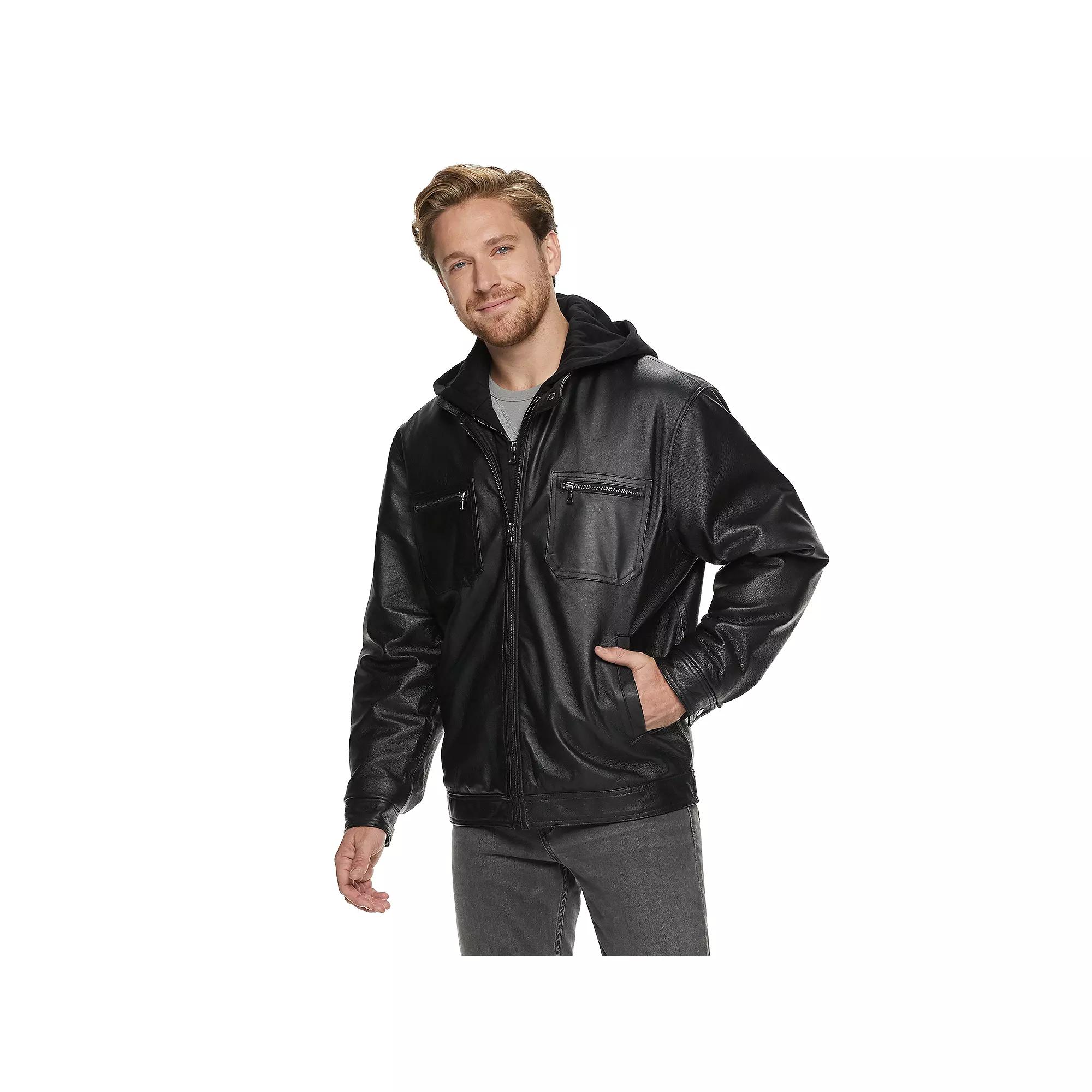 Men's Vintage Leather Hooded Jacket, Size: Large, Brown Product Image