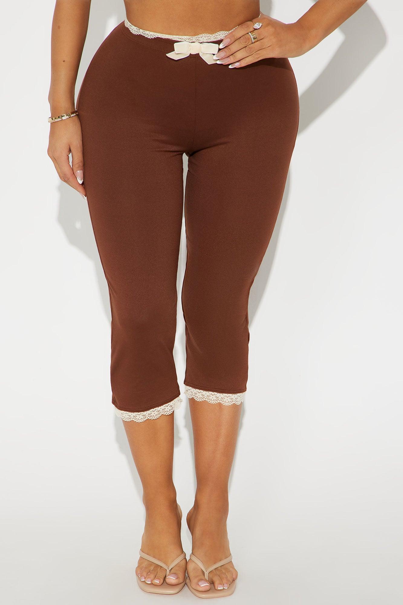 Valentina Solid Lace Trim Capri Legging - Brown Product Image