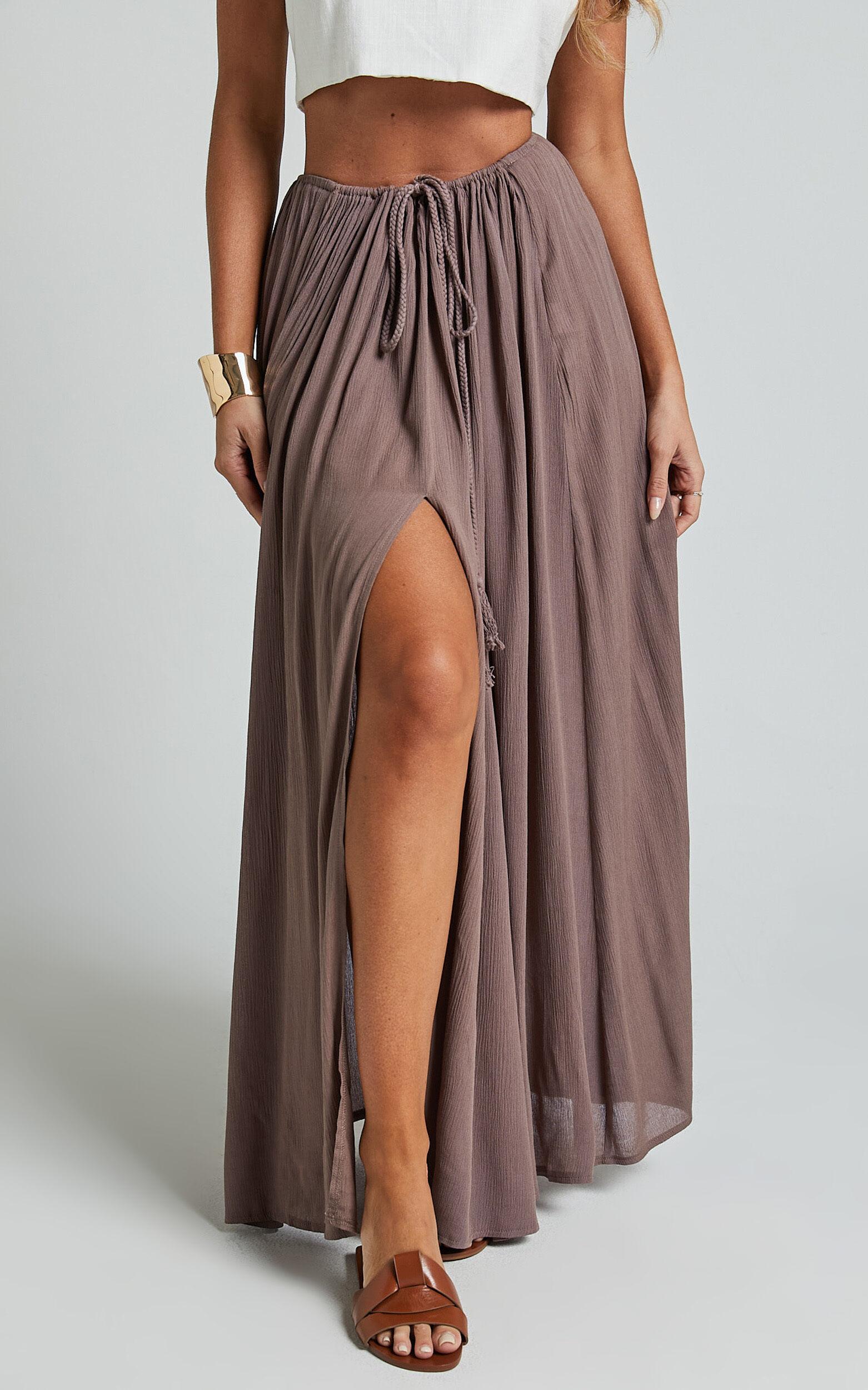 Under The Twilight Maxi Skirt - Thigh Split Skirt in Taupe Product Image