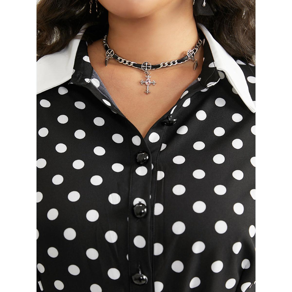 Plus Size Halloween Polka Dot Shirt Collar Button Up Belted Dress Black Women Office Belted Shirt collar Long Sleeve Curvy Midi Dress BloomChic 26/4X Product Image