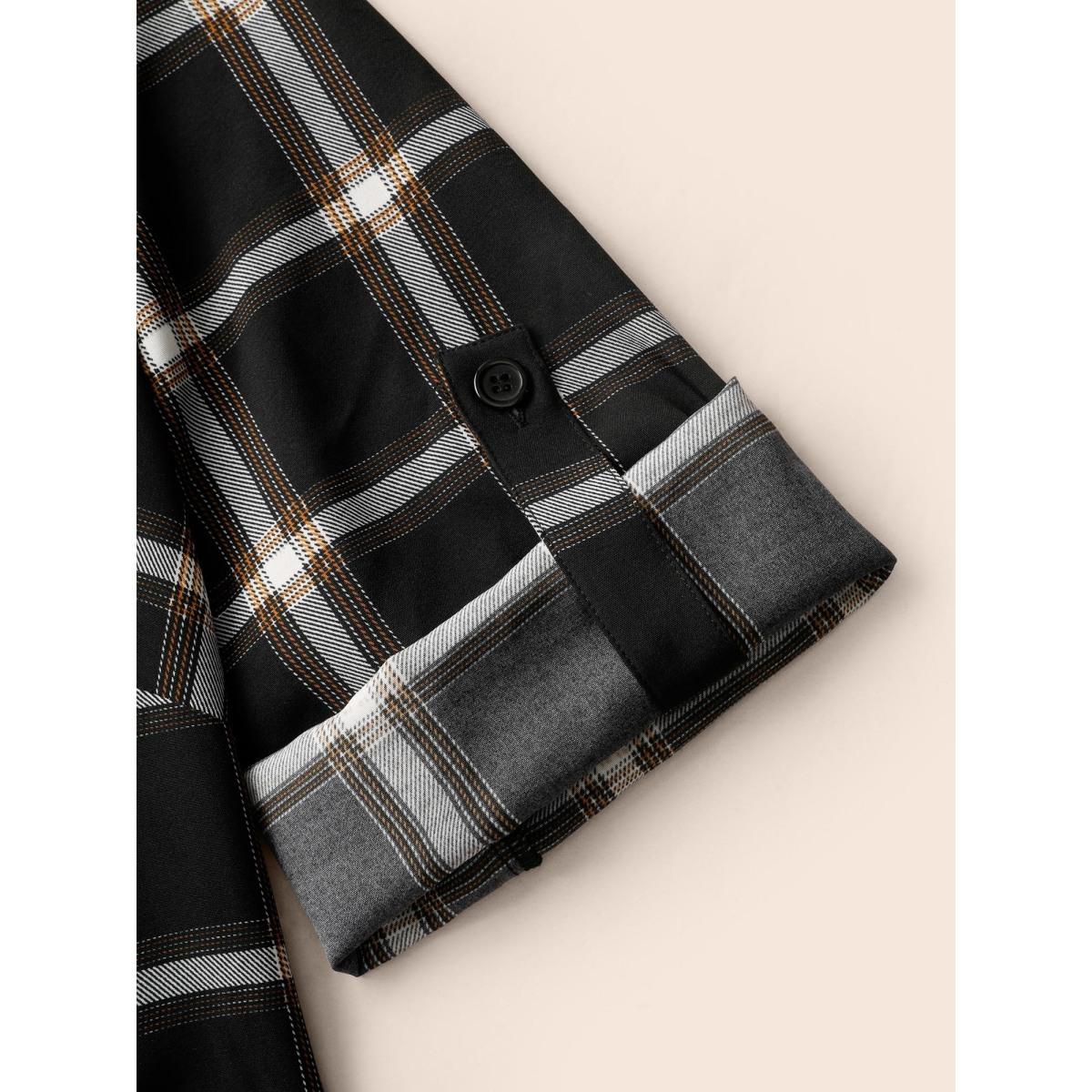 Plus Size Plaid Shirt Collar Belted Tab Sleeve Dress Black Women Elegant Belted Shirt collar Elbow-length sleeve Curvy BloomChic 28/5X Product Image