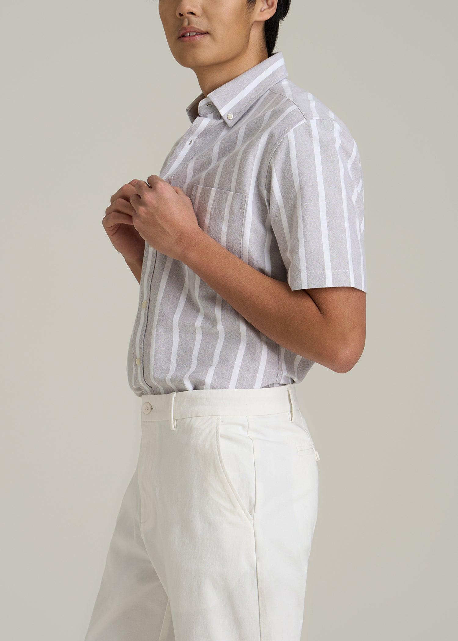 Short Sleeve Oxford Button Shirt For Tall Men in Bold Grey Stripe Male Product Image