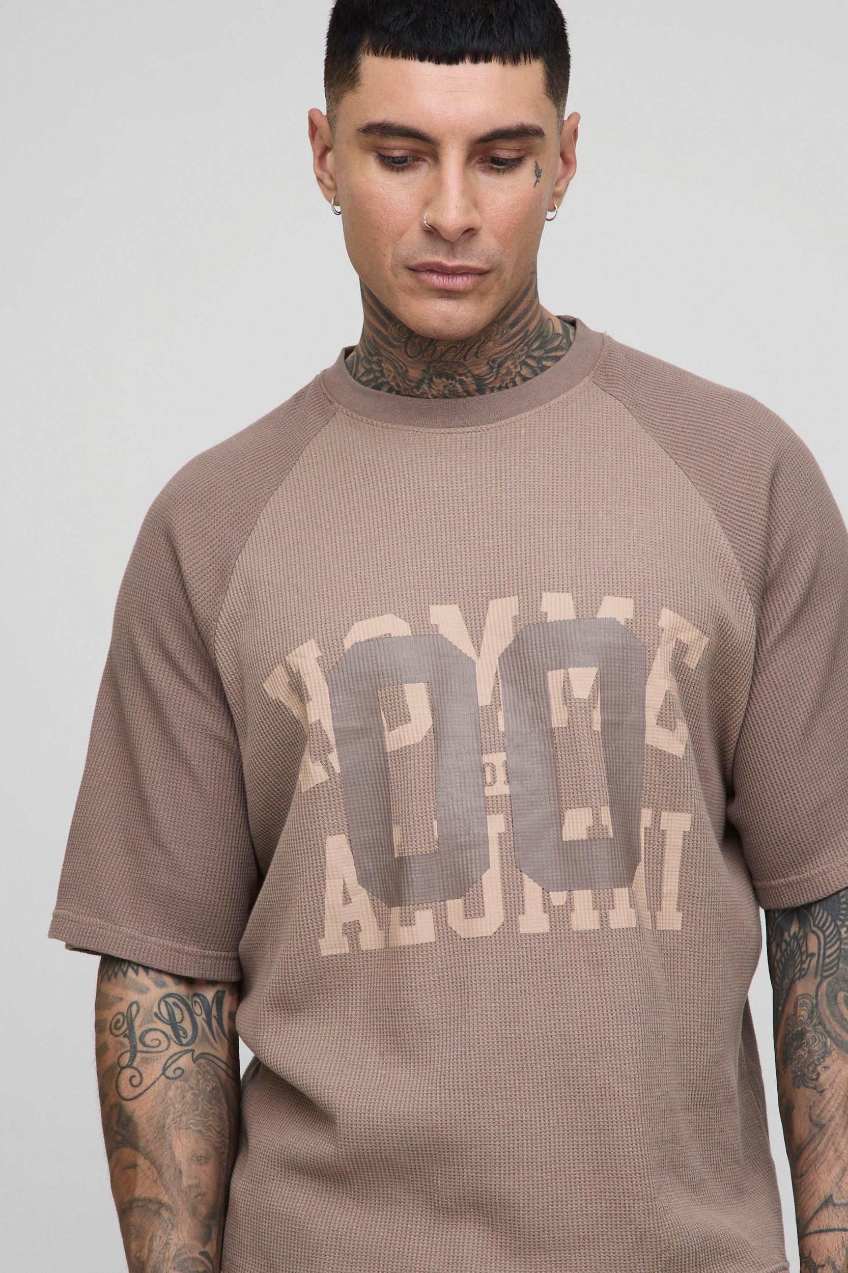 Tall Oversized Boxy Raglan Waffle Graphic T-Shirt | boohooMAN USA Product Image