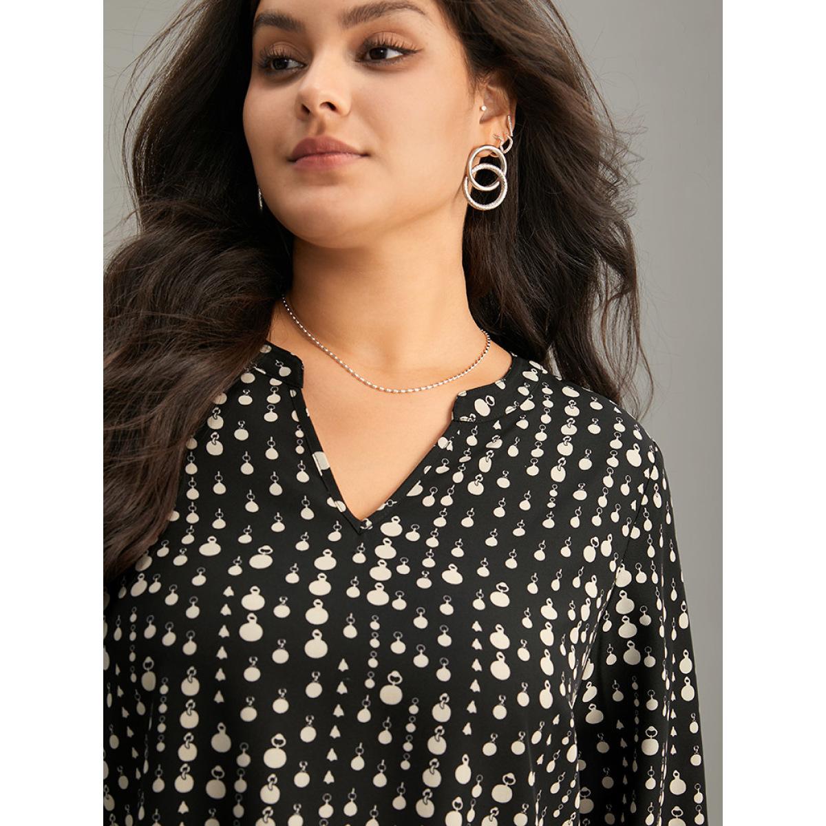 Plus Size Black Chain Print Notched Lantern Sleeve Blouse Women Office Long Sleeve Notched collar Vacation Blouses BloomChic 28/5X Product Image