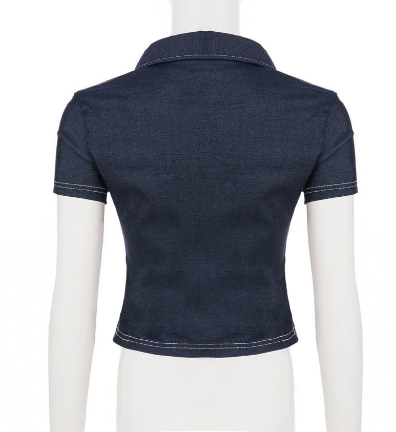 Short-Sleeve V-Neck Contrast Stitching Denim Crop Slim Fit Shirt Product Image
