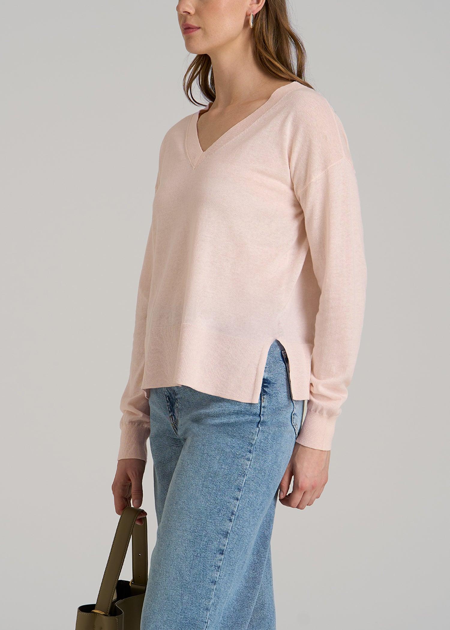 Linen Blend Split Hem V-Neck Sweater for Tall Women in Hush Pink Female Product Image