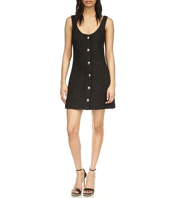 Michael Kors Eyelash Tweed Scoop Neck Sleeveless Gold Button Mini Dress Product Image