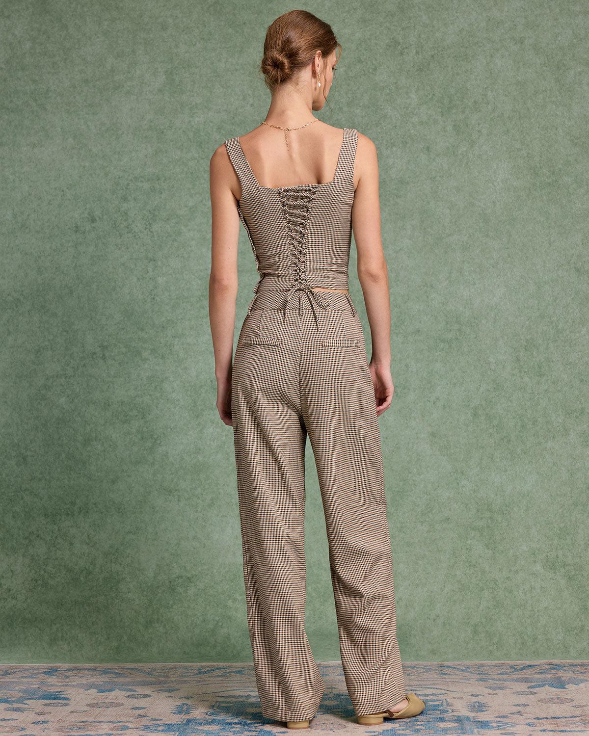 Brown Plaid Straigh Pants Product Image