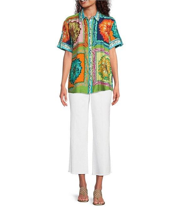 Tru Luxe Jeans Point Collar Short Sleeve Crinkle Print Shirt Product Image