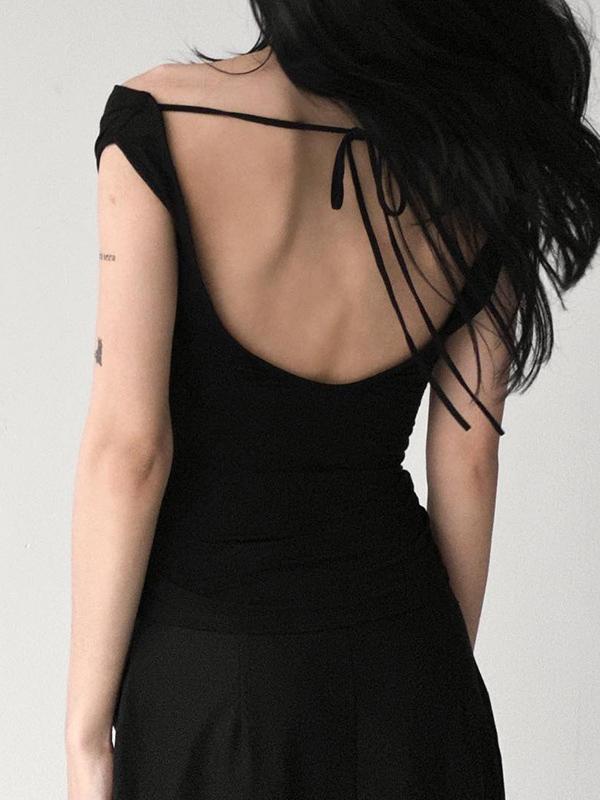 Skinny Sleeveless Backless Solid Color Split-Joint Tied Off-The-Shoulder T-Shirts Tops Product Image