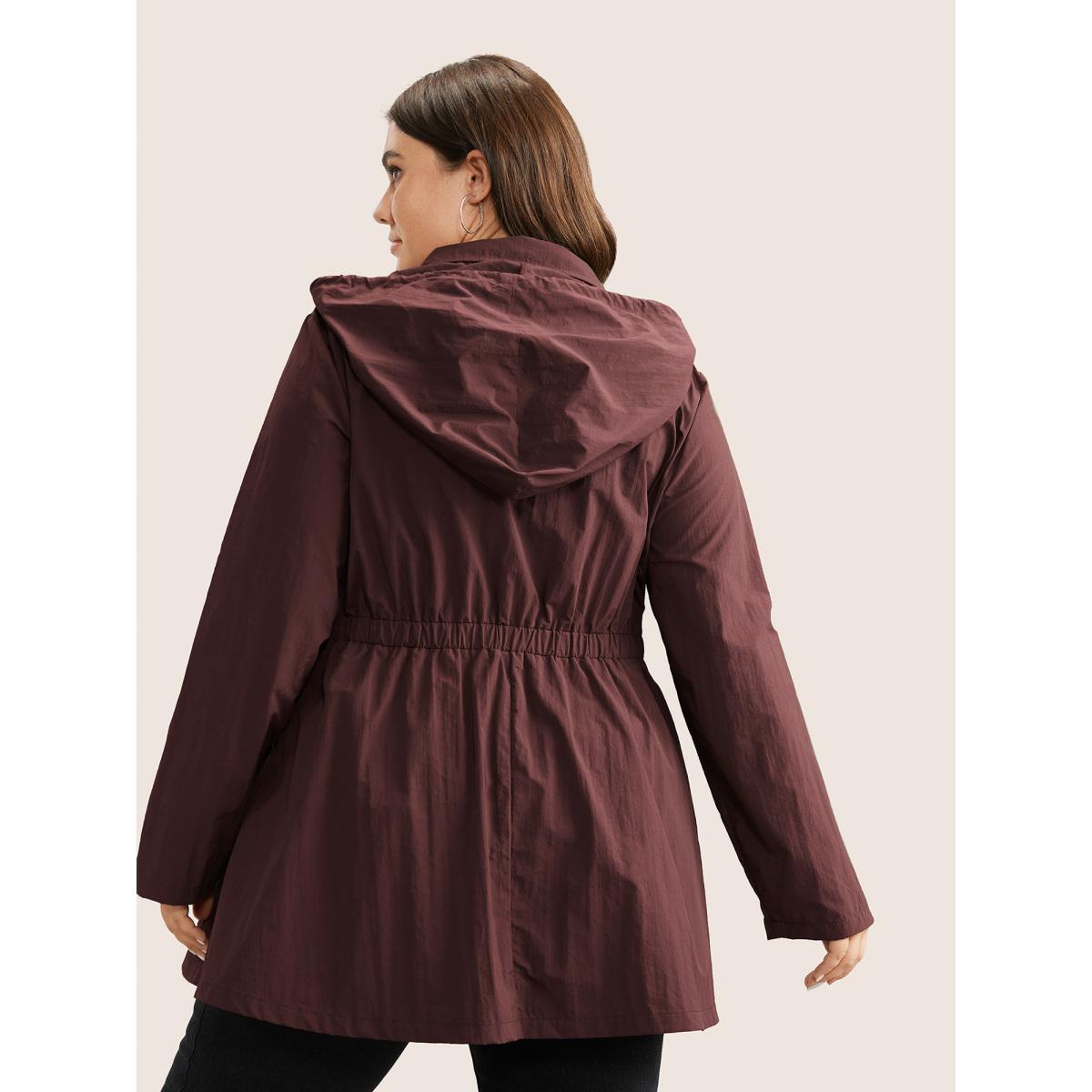 Plus Size Plain Hooded Drawstring Gathered Zipper Jacket Women Scarlet Non Patch pocket Everyday Jackets BloomChic 18-20/2X Product Image