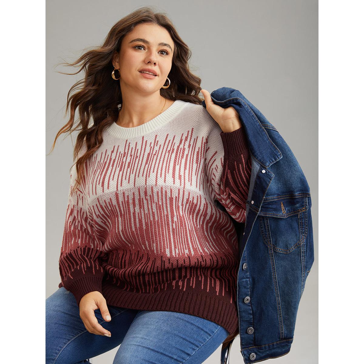 Plus Size Geometric Colorblock Crew Neck Pullover Burgundy Women Casual Loose Long Sleeve Round Neck Dailywear Pullovers BloomChic 10/M Product Image