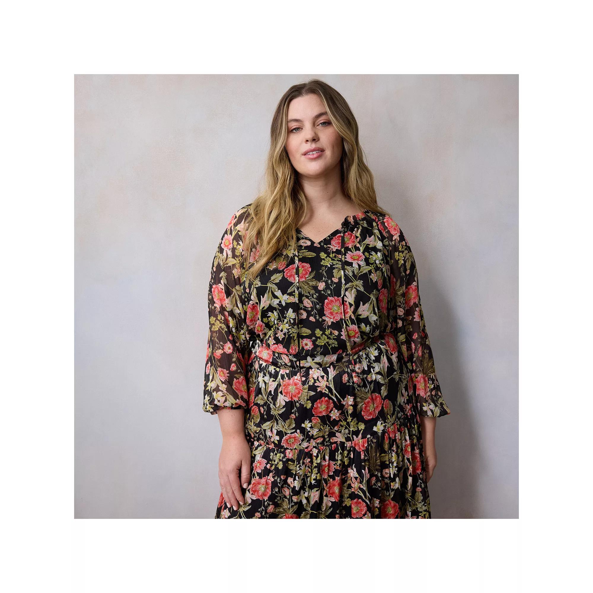 Plus Size LC Lauren Conrad Tie Front Peasant Top, Women's, Size: 3XL, Black Bryn Botanical Product Image