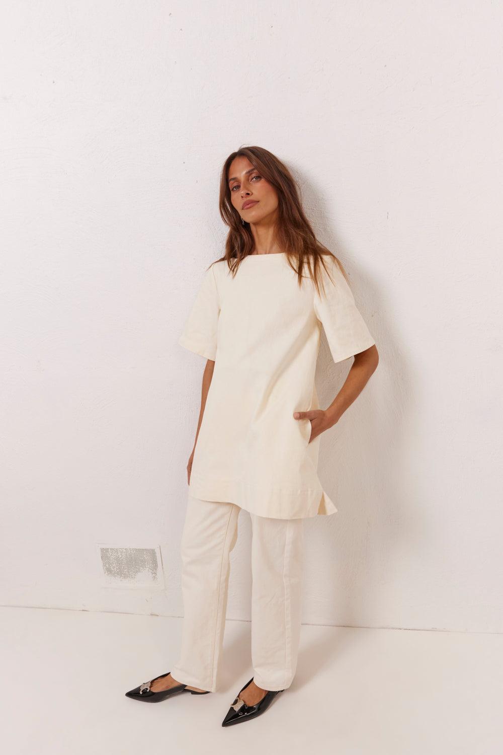 Suki Denim Mini Dress Cream Product Image