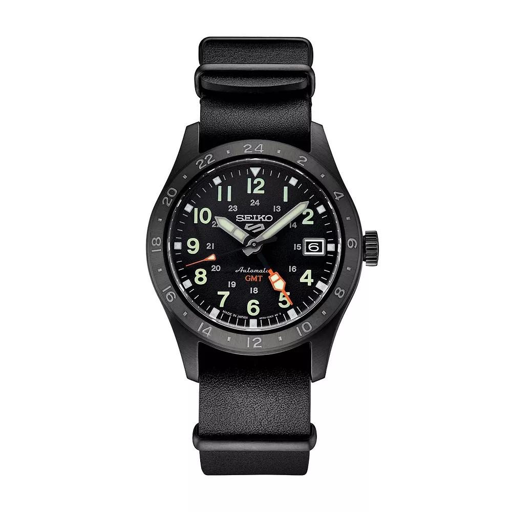 Men's Seiko 5 Sports Black Dial GMT Leather Band Automatic Watch - SSK025,  Product Image