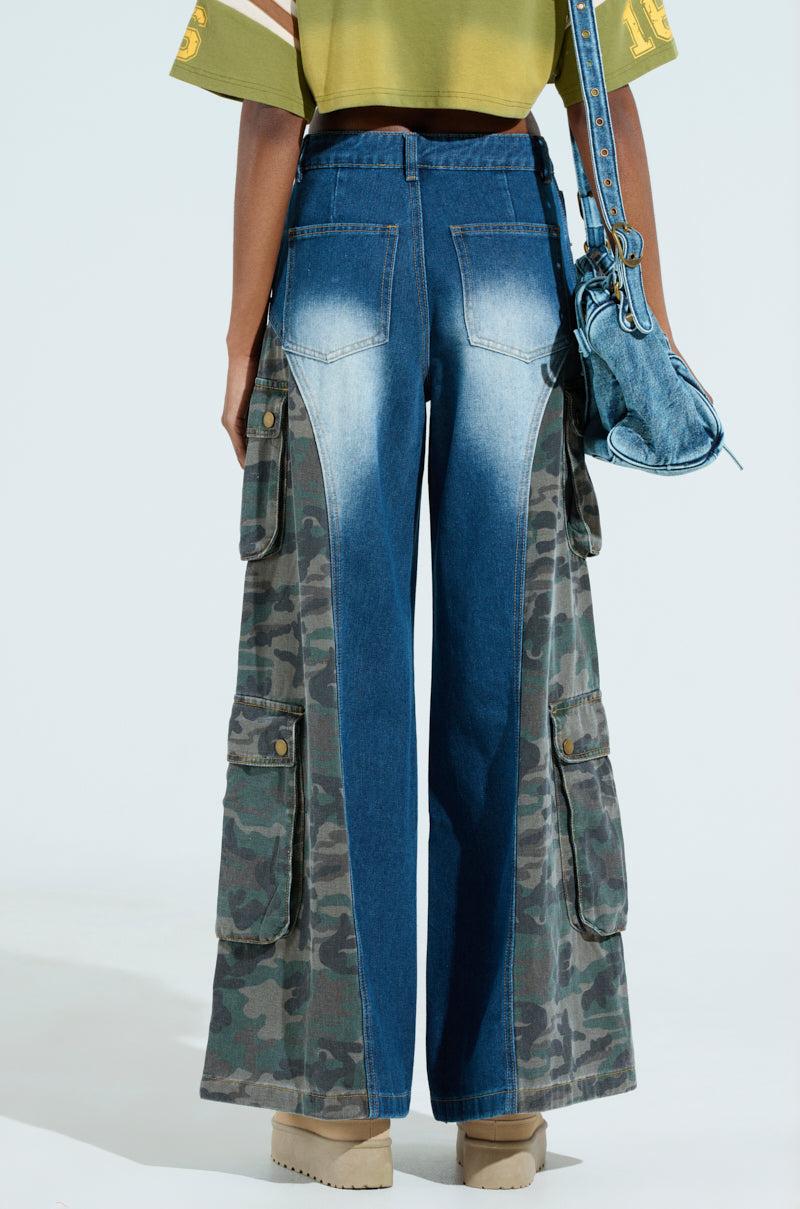 CADET CRAZY CAMO AND DENIM WIDE LEG PANT Product Image