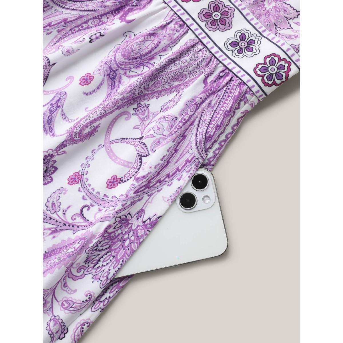 Plus Size Paisley Print Notched Collar Ruffled Midi Dress Mauve Women Resort Ruffles Flat collar with V-notch Short sleeve Curvy BloomChic 30/6X Product Image