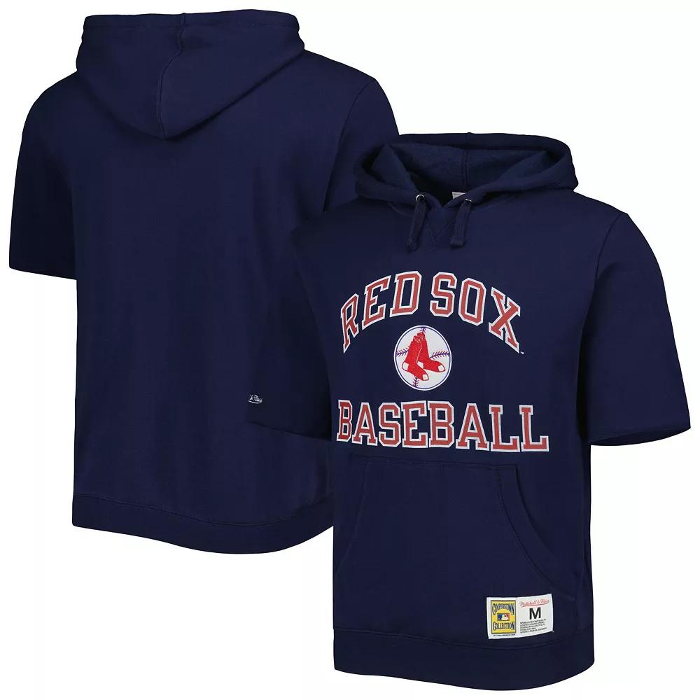 Men's Mitchell & Ness Navy Boston Red Sox Cooperstown Collection Washed Fleece Pullover Short Sleeve Hoodie,  Product Image