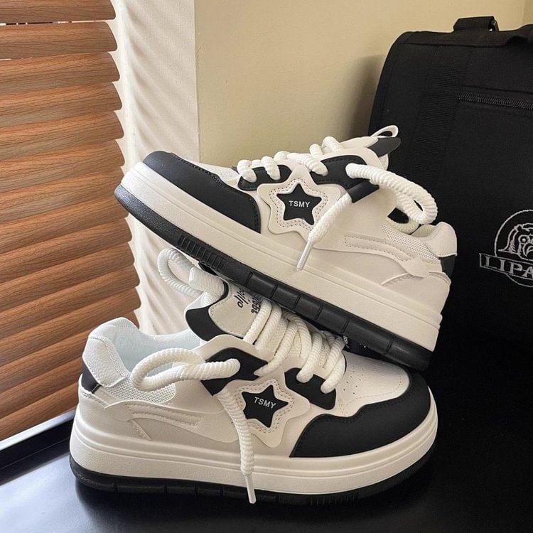 Platform Two Tone Star Applique Lace-Up Faux Leather Sneakers Product Image