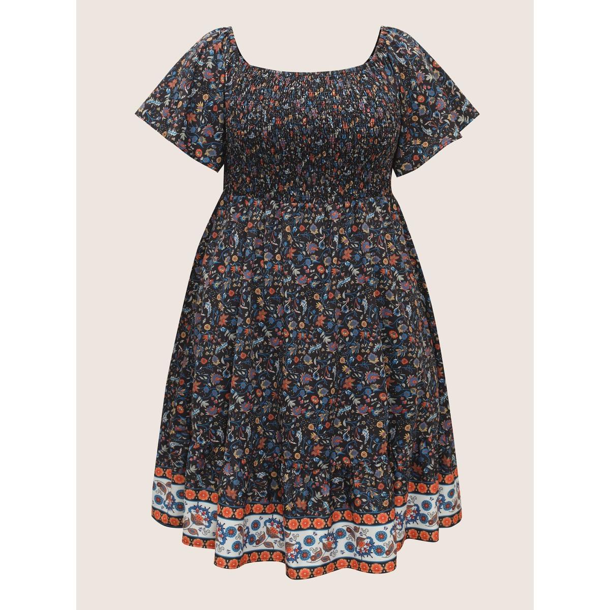 Plus Size Bandana Print Shirred Ruffle Sleeve Midi Dress Black Women Resort Shirred Square Neck Short sleeve Curvy BloomChic 14-16/1X Product Image