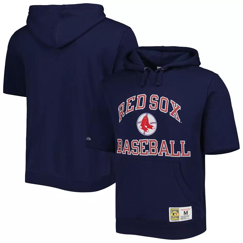 Men's Mitchell & Ness Navy Boston Red Sox Cooperstown Collection Washed Fleece Pullover Short Sleeve Hoodie,  Product Image