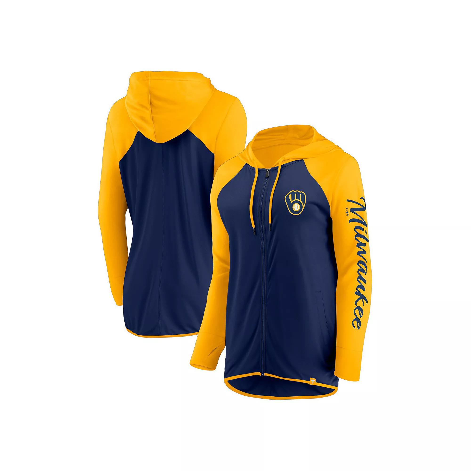 Women's Fanatics Navy/Gold Milwaukee Brewers Script Sleeve Full-Zip Hoodie, Size: Medium, Blue Product Image