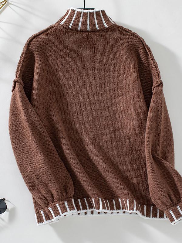 Long Sleeves Loose Contrast Color Split-Joint High Neck Pullovers Sweater Tops Product Image