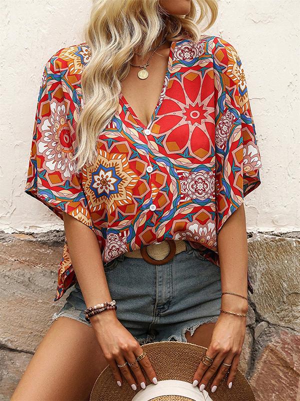 Batwing Sleeves Loose Buttoned Flower Print V-Neck Blouses&Shirts Tops Product Image