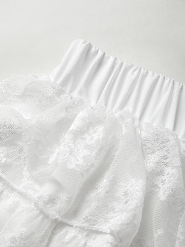 Lace Off Shoulder Tie Front Long Sleeve Tee & Tiered Skirt Set Product Image